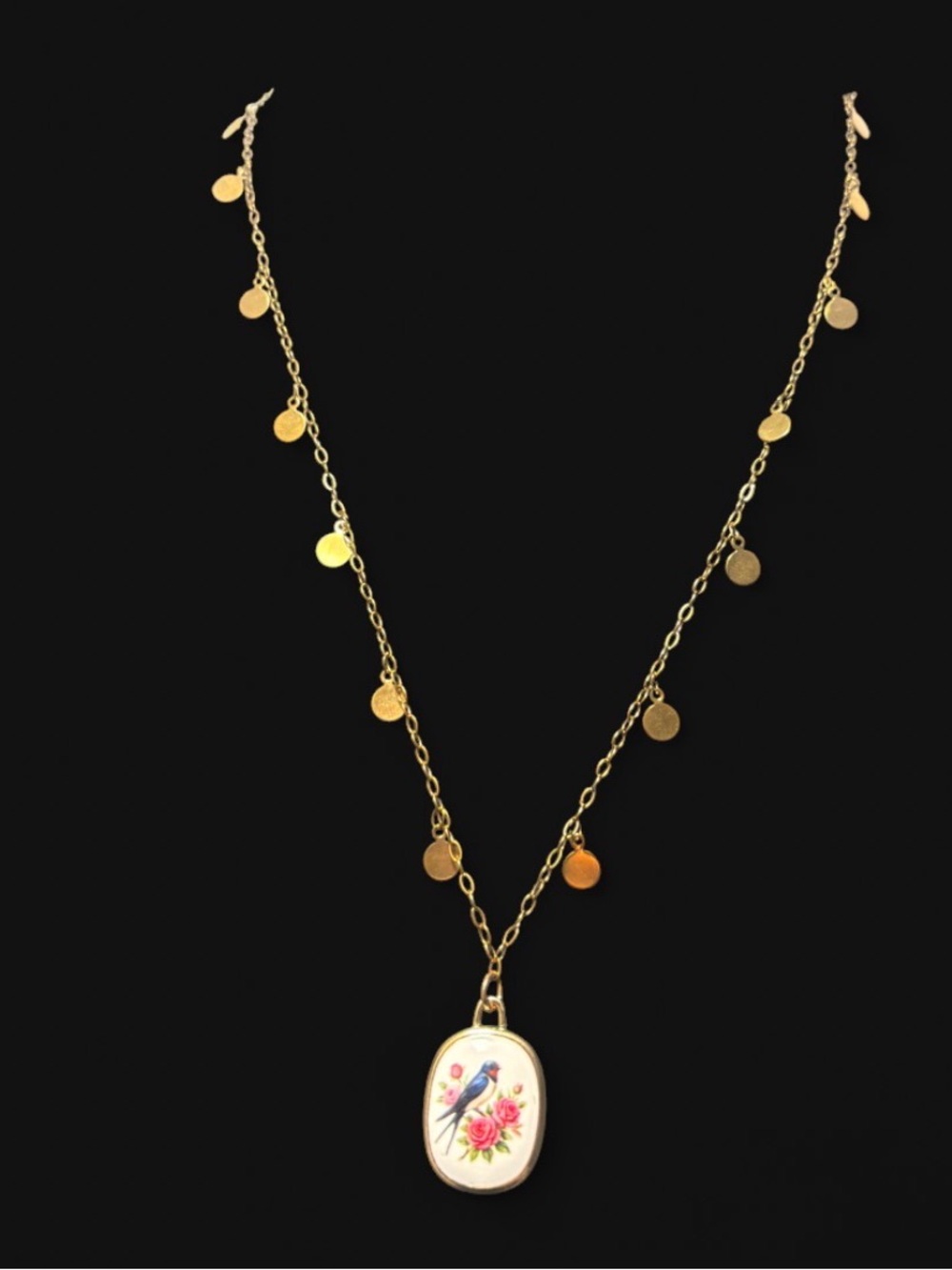 Drop Chain Necklace small disk drops w/ Floral & Bird 24k plated Oval Pendant